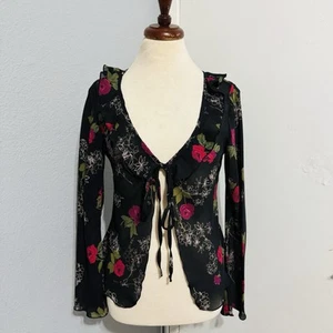 Cárdigan Connected Apparel Floral Negro Mangas Anchas Ligero Corbata Frontal 8 - Imagen 1 de 16