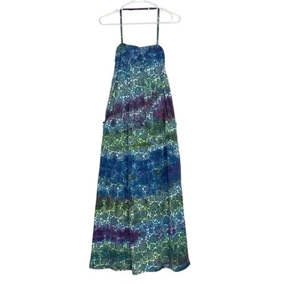 Maxi Vestido Granate Hill Para Mujer Talla XS Tie Dye Estampado Floral Bolsillos Halter Azul Foto 1 de 4