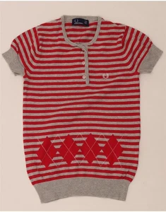 FRED PERRY Womens Crew Neck Jumper Sweater UK 8 Small Red Striped AI07 - Picture 1 of 4