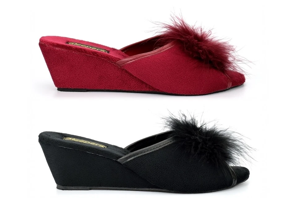 SLEEPERS Damen Keilabsatz Hausschuhe Damen Pantolette Pantoletten Pantoletten Schmuck Rosette Boa Wedges