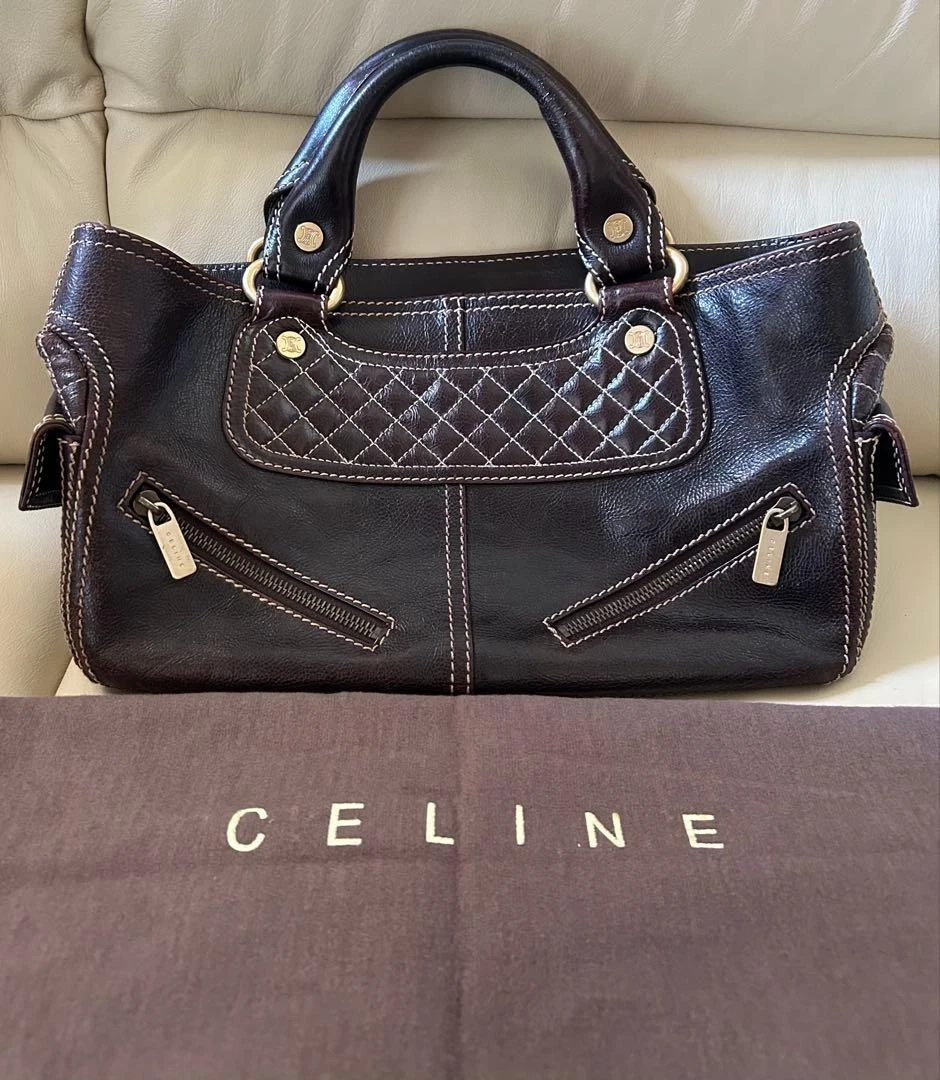 CELINE Handbag Purse Boogie Bag Leather Quilted Zip Brown Gold