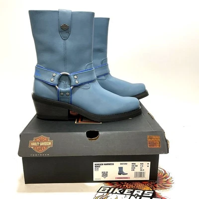 NEW Harley Womens Size 9.5 Korsen Western Styled Blue Harness Boots D87292-9.5 - Image 1 of 4