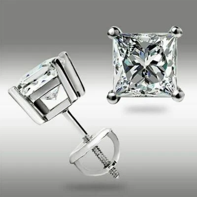 Screw Back Princess Shape Natural Diamond Stud Earrings 4-Prong 14k White Gold - Image 1 of 2