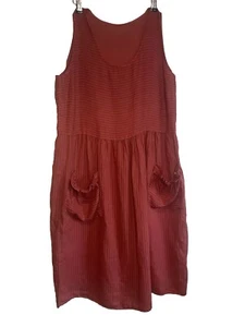 Handmade Burnt Orange Sleeveless Striped Linen Midi Dress Lagenlook Pockets L - Picture 1 of 9