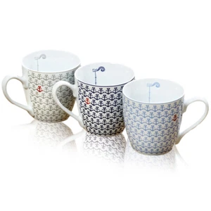 3 Kaffeetassen Kaffeebecher 'Ebbe & Flut' Anker blau, grau, rot & weiß Maritim - Bild 1 von 2