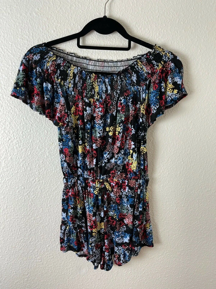 Ella Moss Girls Elastic Collar Printed Cold Shoulder Sleeves Floral Romper 7/8 - Image 1 of 4