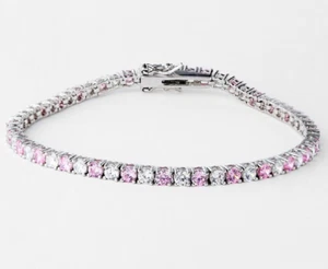925 Silver 10 Ct Round Cut Lab-Created Pink Sapphire and CZ Tennis Bracelet 7" - Picture 1 of 7