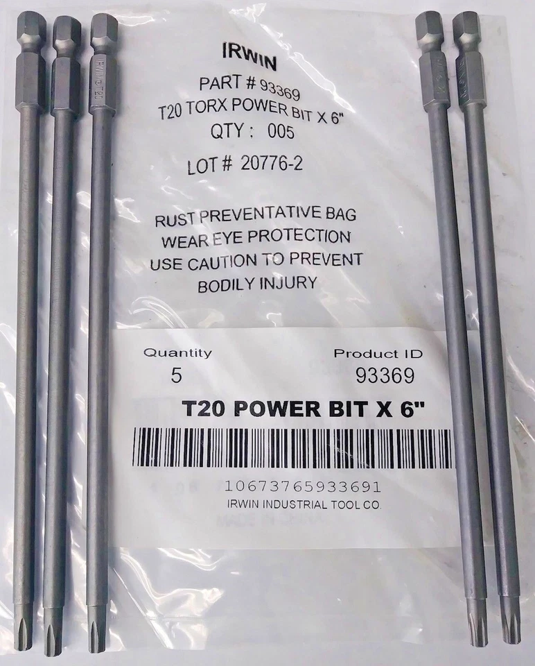 Irwin 93369 T20 Torx Power Bits 1/4" Hex Drive 6" OAL 5 Pack - Image 1 of 1