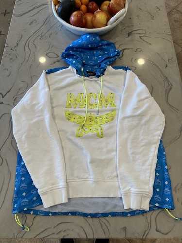 MONCLER Felpa con cappuccio pullover bianca e blu MCM con cappuccio rimovibile taglia large