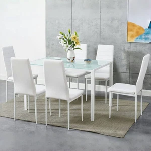 Modern Glass Dining Table and 4/6 Faux Leather Chairs Set Home Kitchen Furniture - Picture 1 of 12