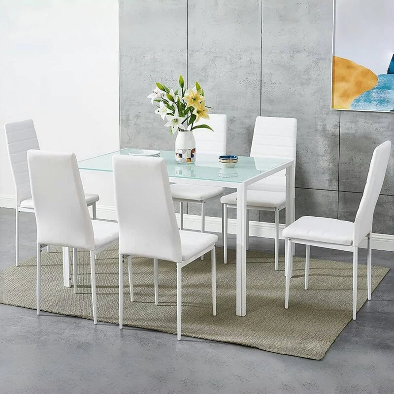 Modern Glass Dining Table and 4/6 Faux Leather Chairs Set Home Kitchen Furniture - Image 1 of 1