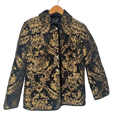 Chico's 1 Chaqueta Acolchada Chenille Mujer 8/10 Negro Dorado Brocado Mob Wife Foto 1 de 4