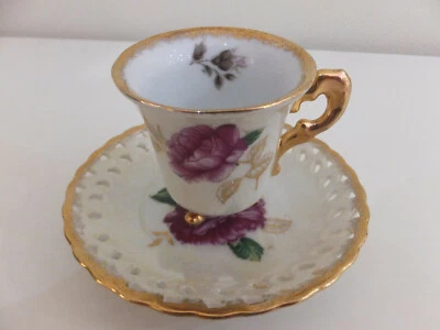 Vintage Cherry China cup and pierced saucer with gold trim made in Japan used - image 1 of 4
