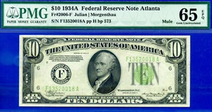 1934A $10 Federal Reserve Note PMG 65EPQ Atlanta mule Fr 2006-F - Picture 1 of 2