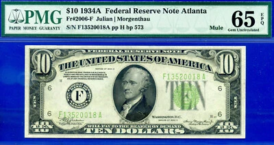 1934A $10 Federal Reserve Note PMG 65EPQ Atlanta mule Fr 2006-F - Image 1 of 2