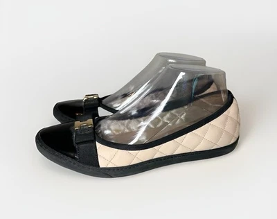 SESTO MEUCCI Cuero Negro Beige Dorado Hebilla Acolchada Puntera Ballet Plano Zapato 7 Foto 1 de 4