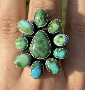 Anillo Navajo Plata de Ley Oro Sonora Turquesa Racimo. Talla 8,5 Ginebra - Imagen 1 de 12