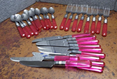 30 Stück Edelstahl Besteck Gabeln Messer Löffel Set Rosa Acryl Kunststoff Griffe C2 - Bild 1 von 4