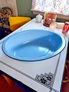 Vintage Antique Blue Porcelain Metal Enamel Tub Wash Basin - Picture 1 of 22