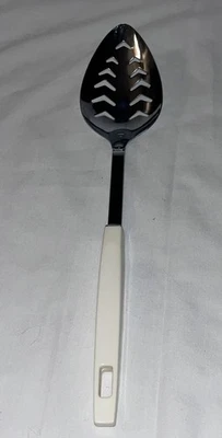 Androck Chrome plated USA Made Slotted Spoon White Plastic Handle - Image 1 of 4