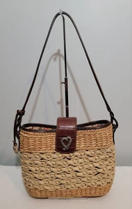 Vintage Brighton Woven Straw Raffia Shoulder Bag Brown Leather Trim Heart Charm - Picture 1 of 16