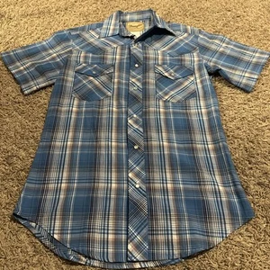 Wrangler Western Shirts Mens Small Blue Plaid Pearl Snap Short Sleeve Cowboy - Picture 1 of 5