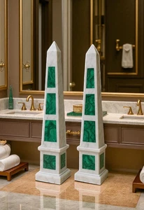 24" White Marble Obelisks (Set of 2) Featuring Malachite Inlay Timeless Home Dec - Picture 1 of 5