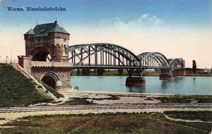 AK Worms Eisenbahnbrücke Rhein Rheinland-Pfalz 1930 gelaufen Postkarte - Bild 1 von 2