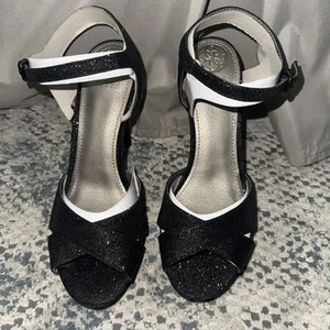 Guess Women's Sandals Heels Black Size 6.5 Glittery Bling No Box - Picture 1 of 15