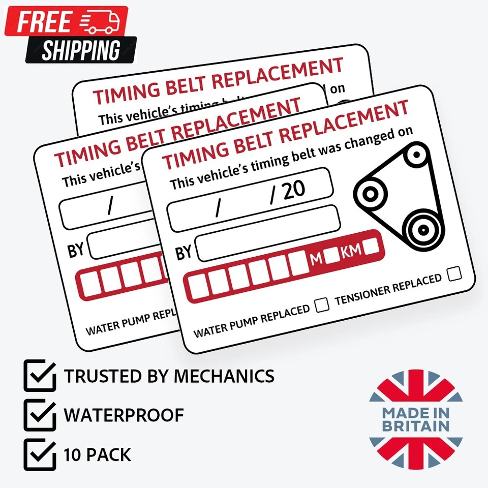 10x Timing Belt Replacement Stickers 75x52mm | Cam Belt Service MOT Reminder - Image 1 of 1
