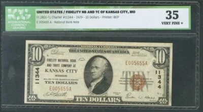 1929  USA 10 DOLLARS FIDELITY NB AND TC OF KANSAS,MO Fr-1801-T1 ICG 35 VF+ - Image 1 of 2