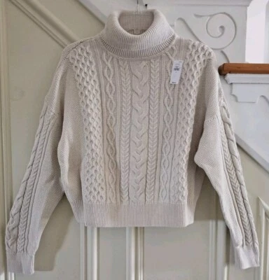 NWT The GAP Cable-Knit Turtleneck Cropped Sweater 100% Cotton Chino Beige Sz L  - Image 1 of 4