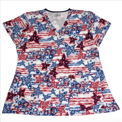 Med Couture Patriotic Stars Stripes Red White Blue Scrub Shirt Size Small READ - Image 1 of 4