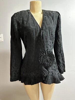 Adrianna Papell Women Black Blazer Jacket Long Sleeve Ruffle Hem w/Flower Size 6 - Image 1 of 4