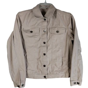 Duluth Trading Jean Jacket Women Small Khaki Field Pockets Button Cotton Trucker - Picture 1 of 11