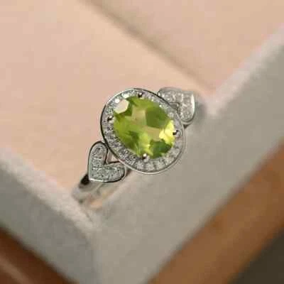 Anel de Dia dos Namorados com peridoto natural e diamante 1,51 quilates ouro branco real 14K sólido - Imagem 1 de 4