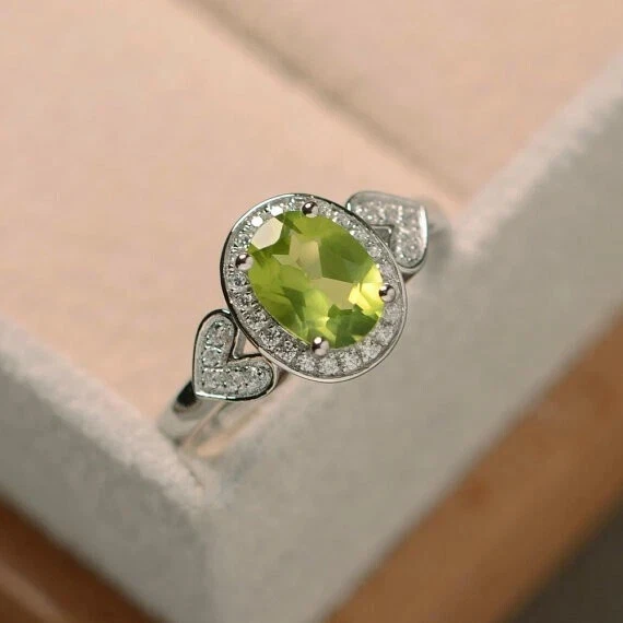 1.51 Ct Natural Peridot & Diamond Valentine's Day Ring 14K Real White Gold solid - Image 1 of 4