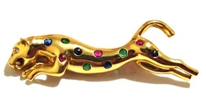 Vtg Solid 18k Yellow Gold Multi Diamond Sapphire Ruby Emerald Panther Brooch WOW - Picture 1 of 10