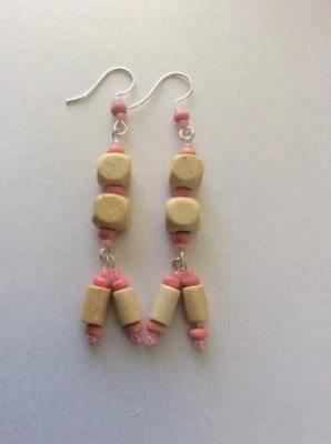 Long Boho Pink and Natural Wood Drop Earrings E819 - Image 1 of 3