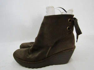 FLY LONDON Womens Sz 41 EUR Brown Suede Wedge Lace Up Ankle Fashion Boots Bootie - Picture 1 of 11