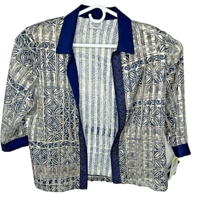 Jaqueta R&M Richards Feminina 14P Frente Aberta Azul Bege Abstrato Vintage Nova EUA - Imagem 1 de 4