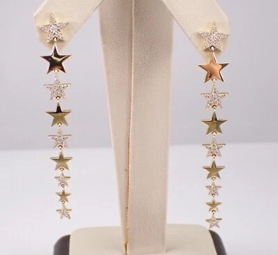 18K Yellow Gold Diamond Dangle Star Earrings Long Celestial Chandelier - Image 1 of 4