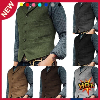 Mens Vest Herringbone Tweed Waistcoat Vintage Formal Notch Lapel Retro M-3XL ^ - Image 1 of 4