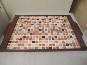 Vtg Mid Century Mosaic Tile and Wood Barware Serving Tray - Picture 1 of 14