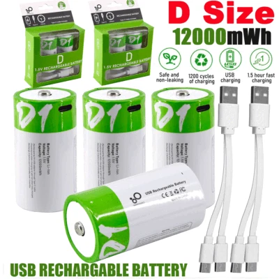 Lote Baterías USB Recargables Tamaño D Iones Litio 12000mWh LR20 1.5V con Cable Foto 1 de 4