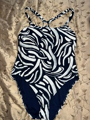 Hurley Sz XL One-Piece UPF 50+ Criss Cross Swimsuit Navy Blue Cream Geometic v1 - Изображение 1 из 4
