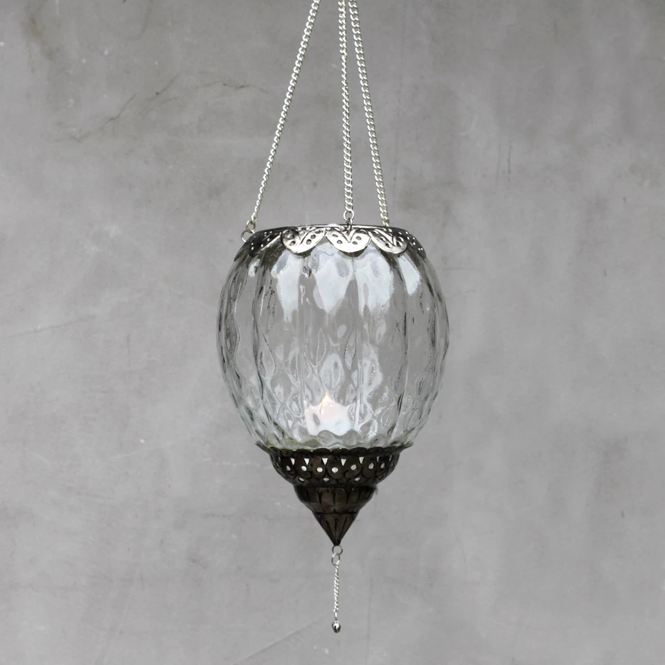 Vintage Windlicht Hängen Glas Metall Silber Teelicht Hängewindlicht Kerzenhalter - Bild 1 von 3