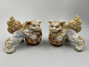 Vintage Foo Dog Pair Ornate Hand Painted Gilded Komainu Signed Collectible Gold - Picture 1 of 19