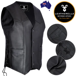 Mens Motorbike Waistcoat Adjustable Lace Legend Real Black Leather Biker Vest - Bild 1 von 13