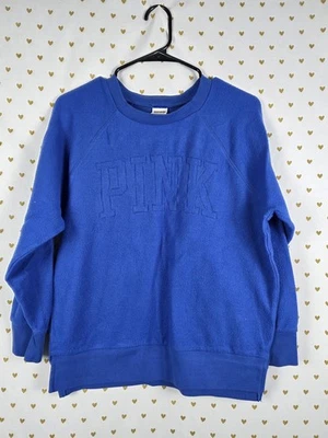 Victorias Secret Pink BLUE FLEECE Logo Sweater Shirt Pullover XS Oversized - Image 1 of 3